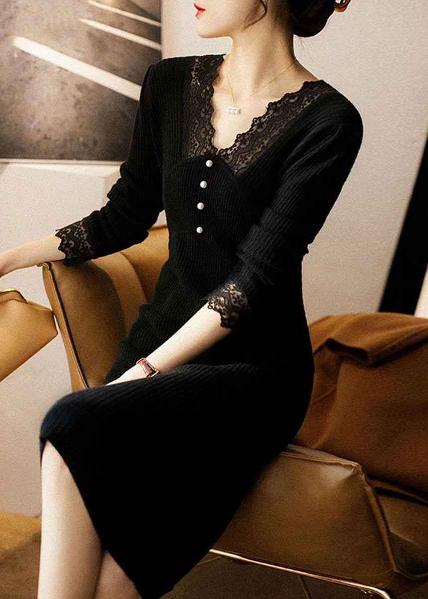 Elegant Black V Neck Lace Patchwork Woolen Dress Fall