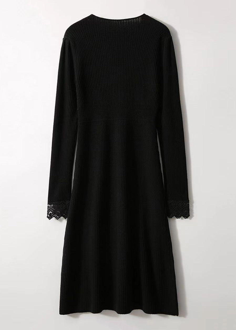 Elegant Black V Neck Lace Patchwork Woolen Dress Fall