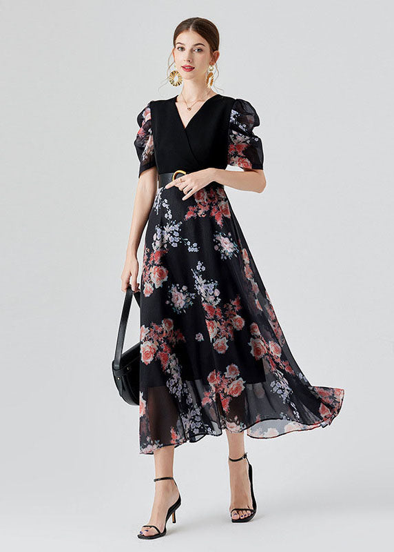 Elegant Black V Neck Print Sashes Patchwork Chiffon Long Dresses Puff Sleeve