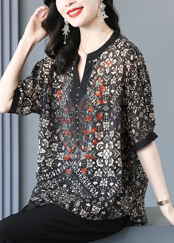 Elegant Black V Neck Print Silk Shirt For Women Short Sleeve