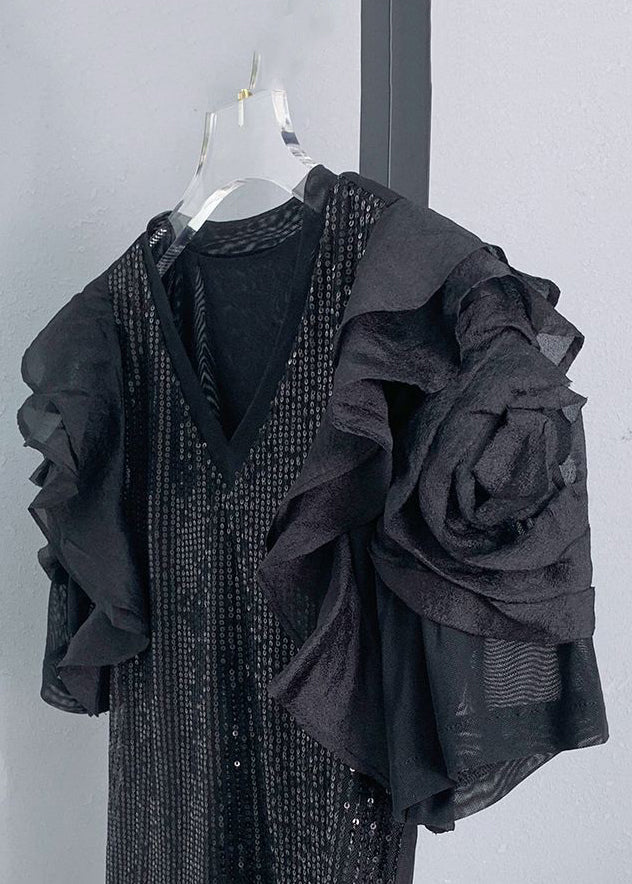 Elegant Black V Neck Sequins Patchwork Chiffon T Shirt Summer