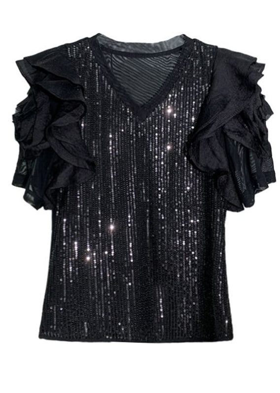 Elegant Black V Neck Sequins Patchwork Chiffon T Shirt Summer