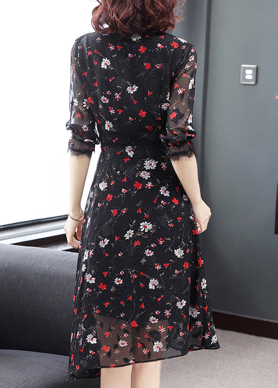 Elegant Black V Neck tie waist Print Chiffon Party Dress Half Sleeve