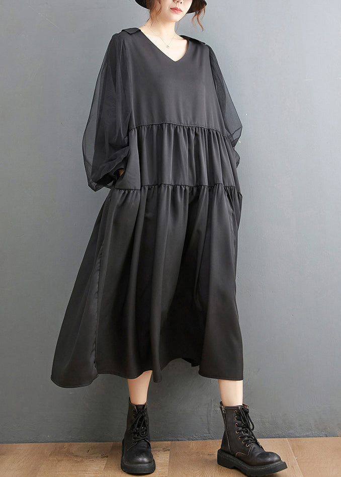 Elegant Black V Neck wrinkled Tulle Patchwork A Line Dress Long Sleeve
