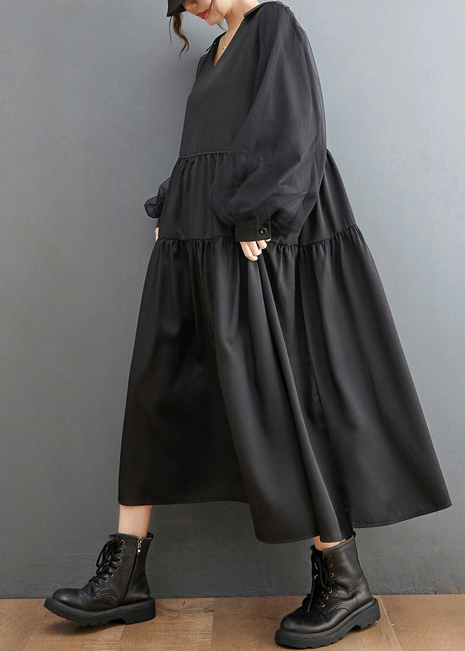Elegant Black V Neck wrinkled Tulle Patchwork A Line Dress Long Sleeve