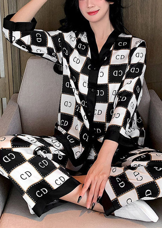 Elegant Black White Plaid V Neck Graphic Button Ice Silk Pajamas Two Piece Set Long Sleeve