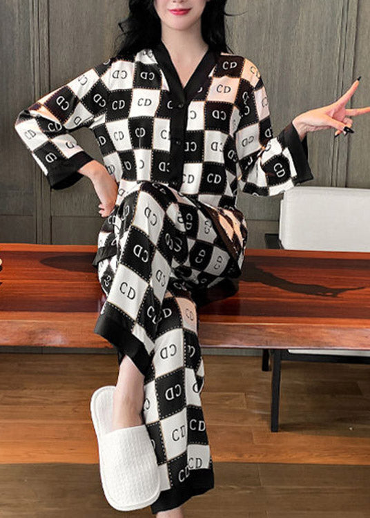 Elegant Black White Plaid V Neck Graphic Button Ice Silk Pajamas Two Piece Set Long Sleeve