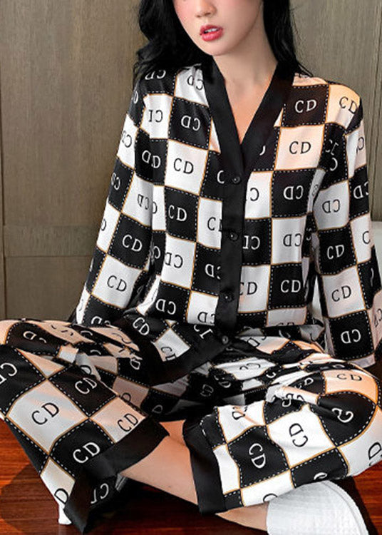 Elegant Black White Plaid V Neck Graphic Button Ice Silk Pajamas Two Piece Set Long Sleeve