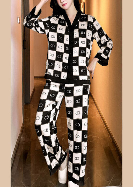 Elegant Black White Plaid V Neck Graphic Button Ice Silk Pajamas Two Piece Set Long Sleeve