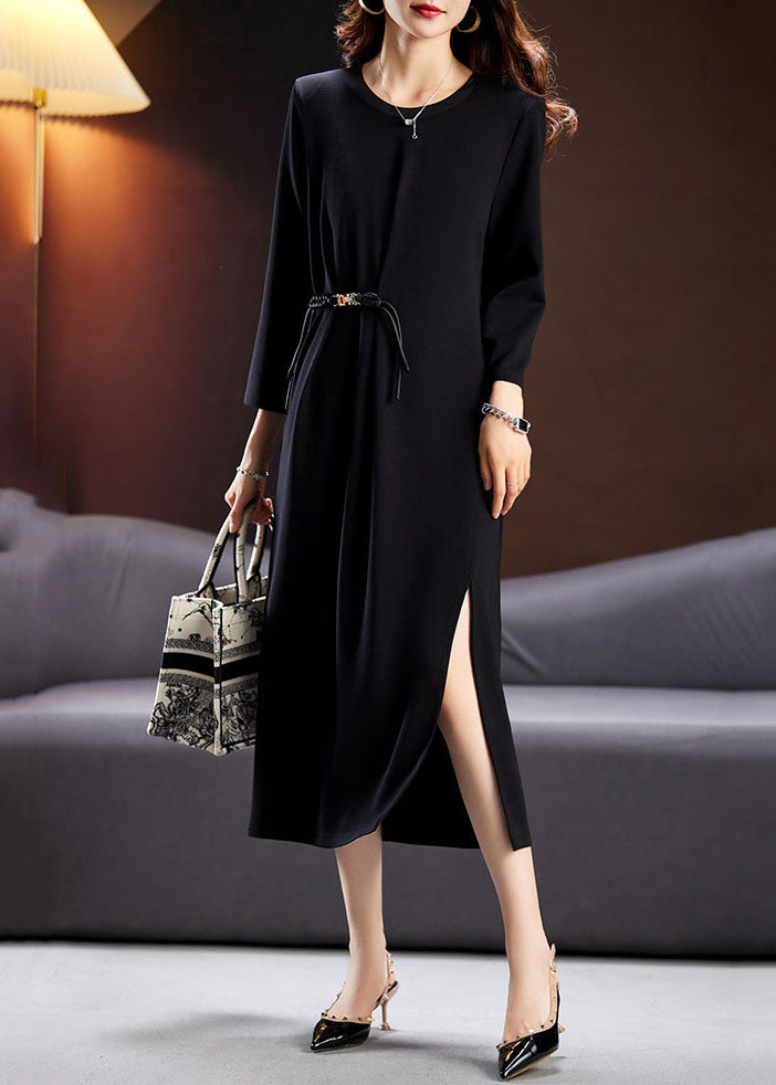 Elegant Black Wrinkled Tunic Maxi Dresses Long Sleeve