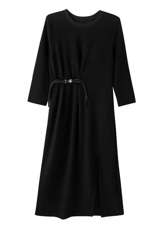 Elegant Black Wrinkled Tunic Maxi Dresses Long Sleeve