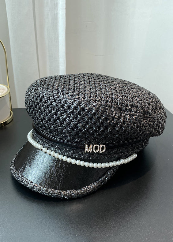 Elegant Black Zircon Nail Bead Straw Woven Beret Hat