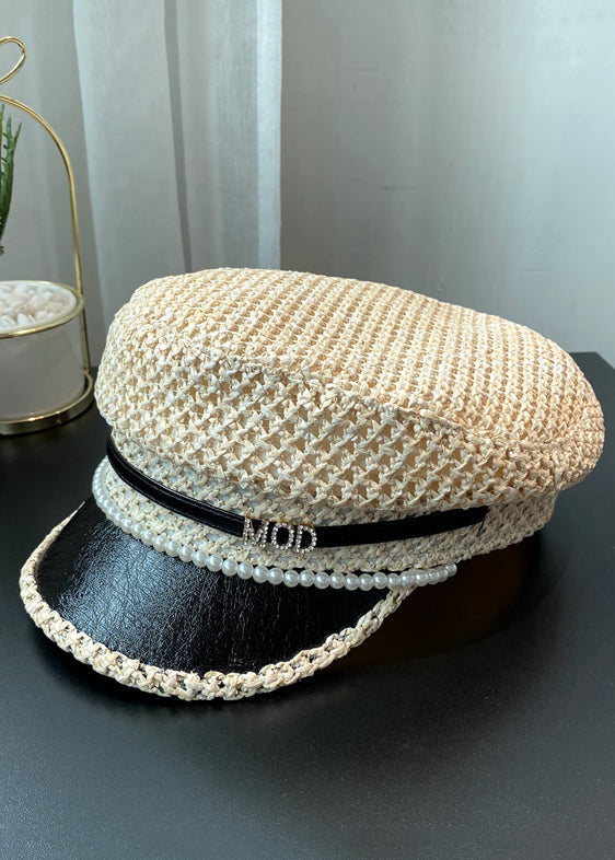 Elegant Black Zircon Nail Bead Straw Woven Beret Hat