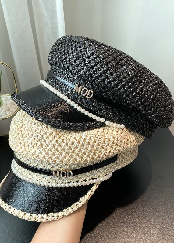 Elegant Black Zircon Nail Bead Straw Woven Beret Hat