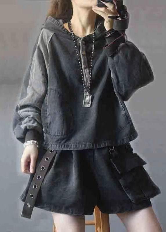 Elegant Black hooded Patchwork Button Fall Denim Pullover Street wear - Omychic