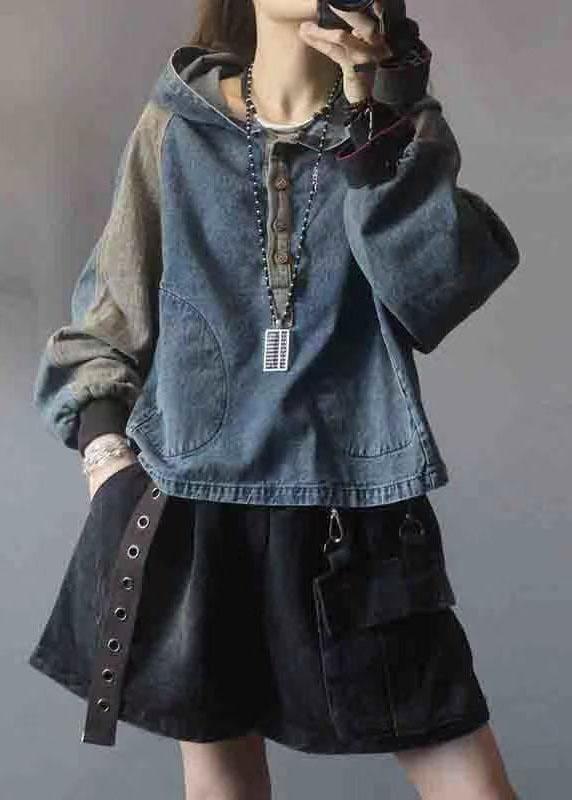 Elegant Black hooded Patchwork Button Fall Denim Pullover Street wear - Omychic