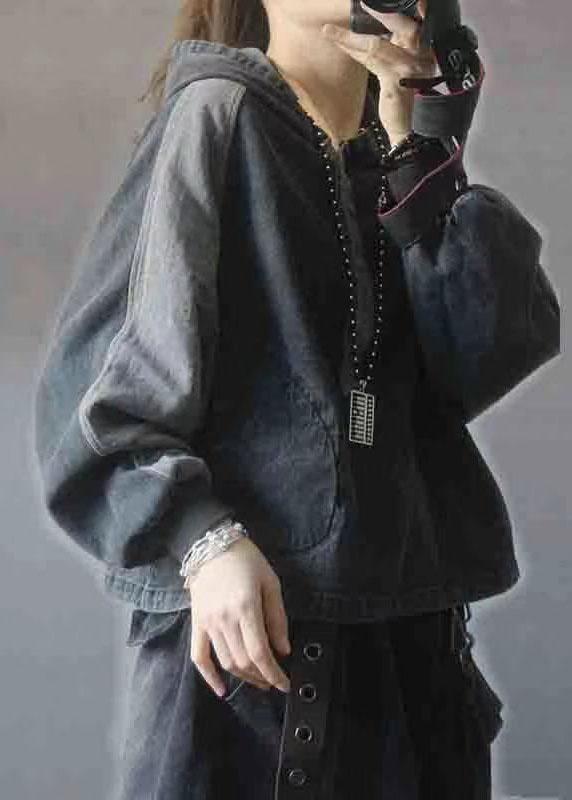 Elegant Black hooded Patchwork Button Fall Denim Pullover Street wear - Omychic