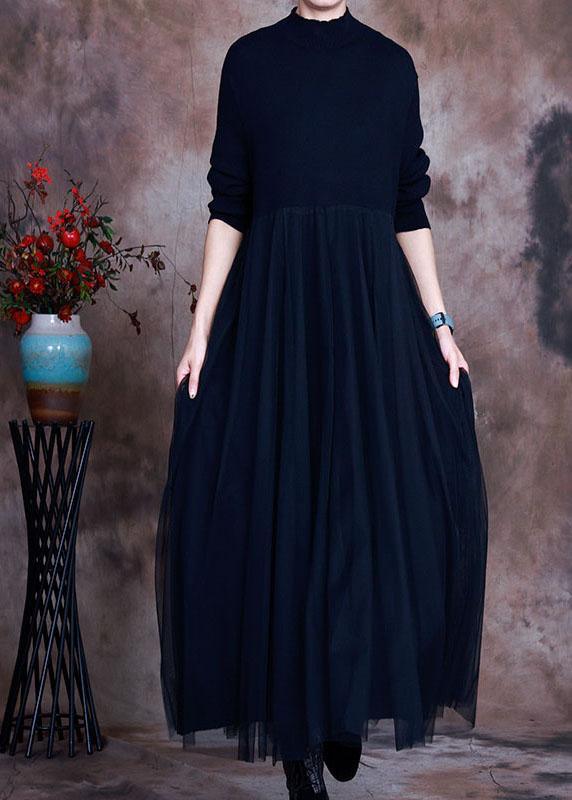 Elegant Black tulle Patchwork Knit Dress Spring - Omychic