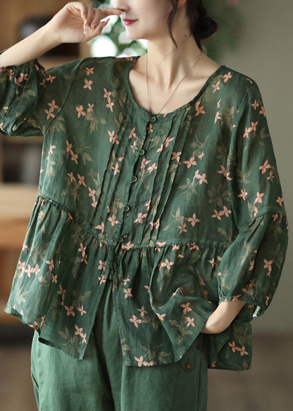 Elegant Blackish Green O-Neck Print Button Linen Shirts Long Sleeve
