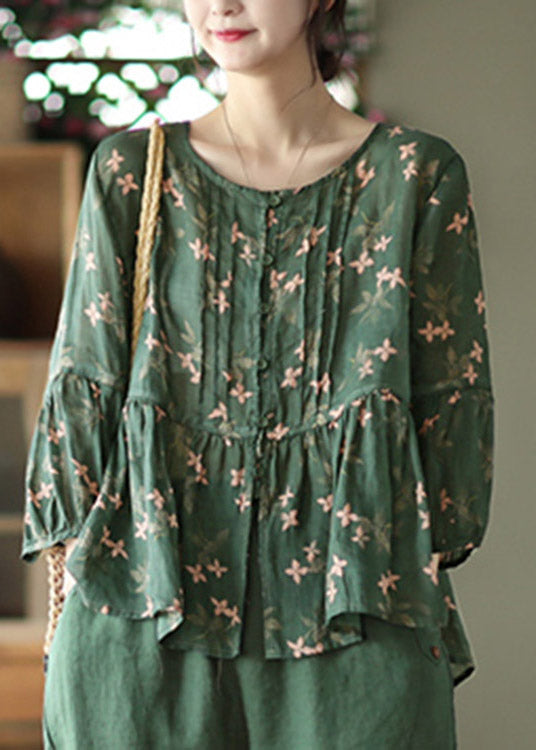 Elegant Blackish Green O-Neck Print Button Linen Shirts Long Sleeve