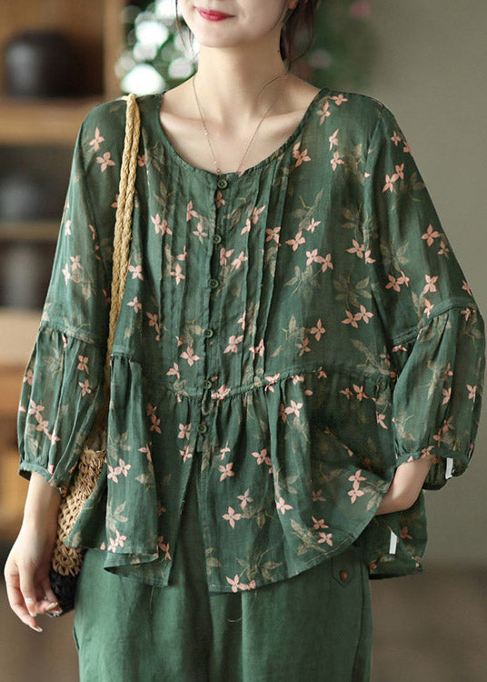 Elegant Blackish Green O-Neck Print Button Linen Shirts Long Sleeve
