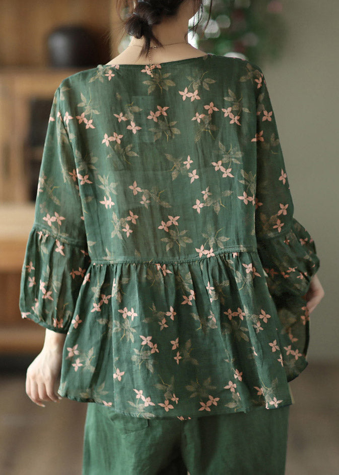 Elegant Blackish Green O-Neck Print Button Linen Shirts Long Sleeve