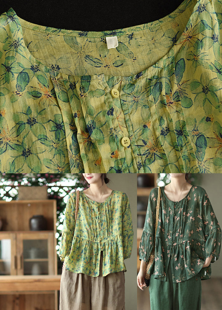 Elegant Blackish Green O-Neck Print Button Linen Shirts Long Sleeve