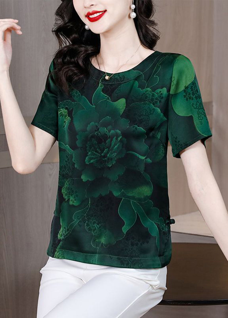 Elegant Blackish Green O-Neck Print Side Open Silk Shirt Top Summer