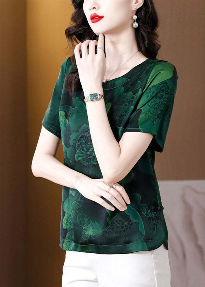 Elegant Blackish Green O-Neck Print Side Open Silk Shirt Top Summer
