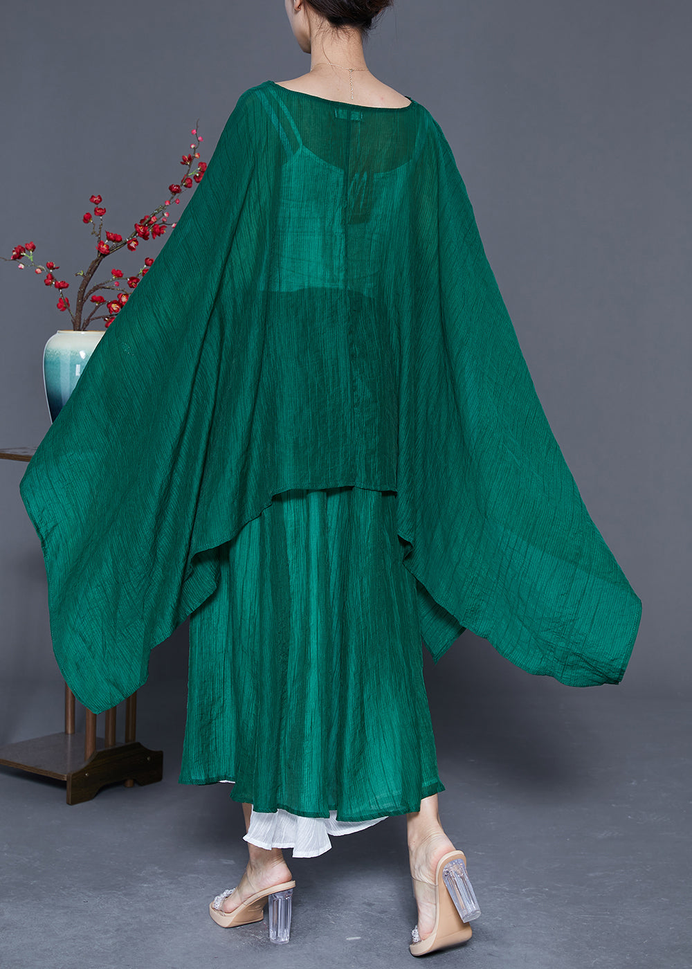 Elegant Blackish Green Oversized Asymmetrical Design Silk Two Pieces Set Summer
