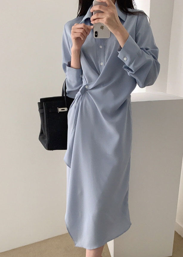 Elegant Blue Asymmetrical Cotton Holiday Dress Long Sleeve (Limited Stock)