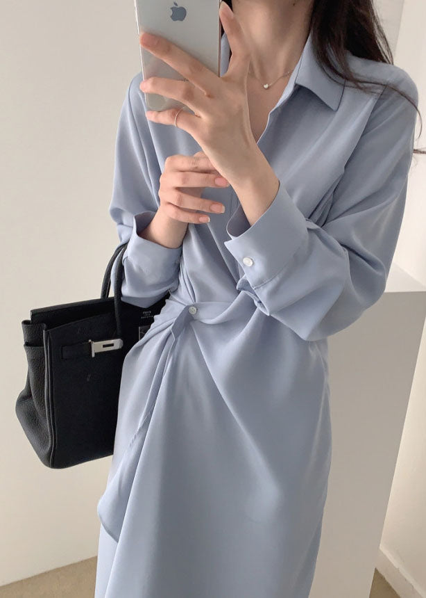 Elegant Blue Asymmetrical Cotton Holiday Dress Long Sleeve (Limited Stock)