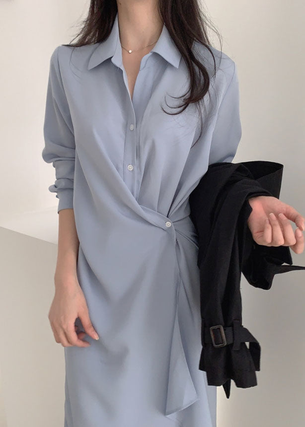 Elegant Blue Asymmetrical Cotton Holiday Dress Long Sleeve (Limited Stock)