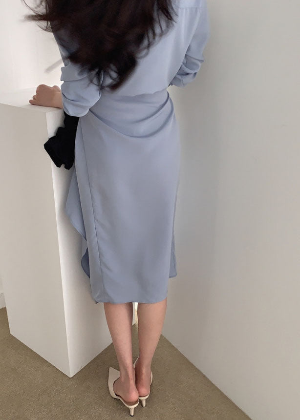 Elegant Blue Asymmetrical Cotton Holiday Dress Long Sleeve (Limited Stock)