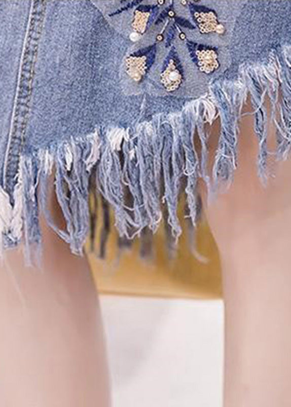 Elegant Blue Asymmetrical Patchwork Tassel Hole Denim Skirts Summer