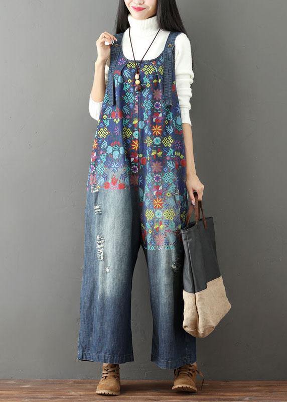 Elegant Blue Casual Print Wide Leg Denim jumpsuit