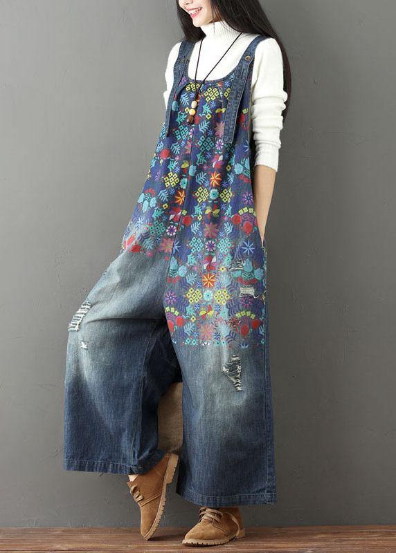 Elegant Blue Casual Print Wide Leg Denim jumpsuit