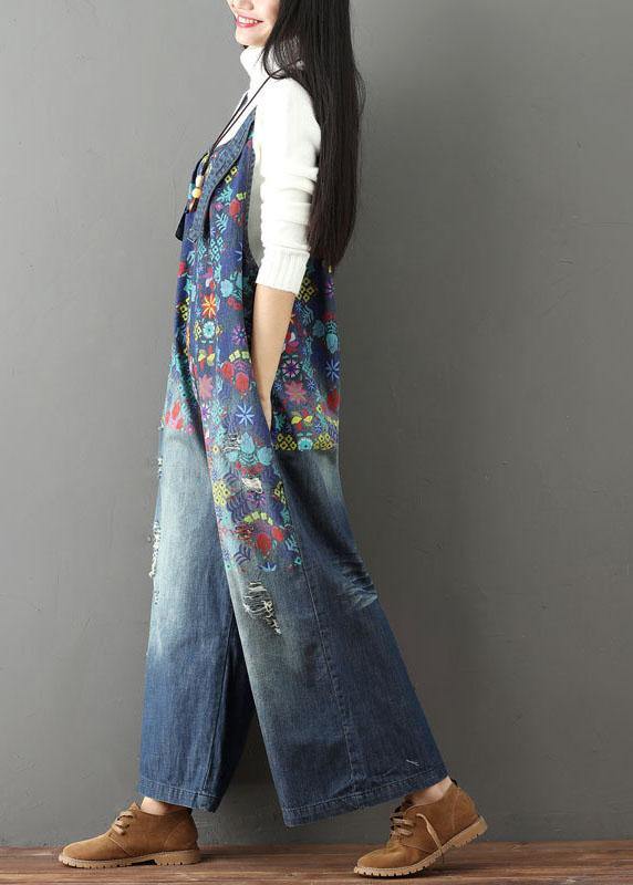 Elegant Blue Casual Print Wide Leg Denim jumpsuit