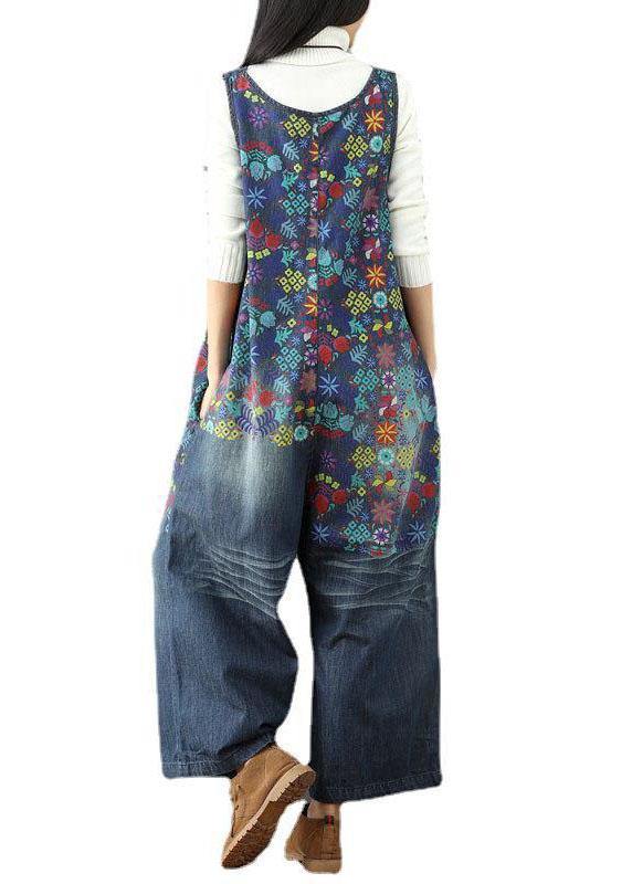 Elegant Blue Casual Print Wide Leg Denim jumpsuit