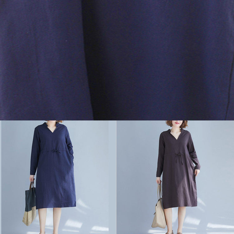 Elegant Blue Clothes For Women V Neck Drawstring Vestidos De Lino Spring Dresses - Omychic