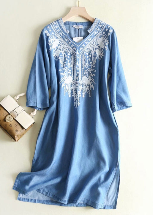 Elegant Blue Embroidered Side Open Denim Dresses Summer