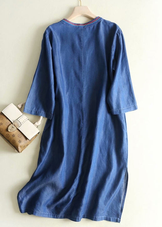 Elegant Blue Embroidered Side Open Denim Dresses Summer