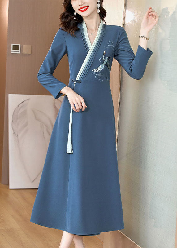 Elegant Blue Embroideried Button Long Dress Long Sleeve