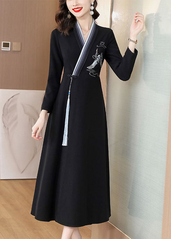 Elegant Blue Embroideried Button Long Dress Long Sleeve