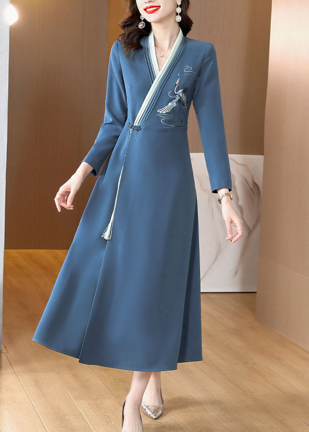 Elegant Blue Embroidered Button Long Dress Long Sleeve