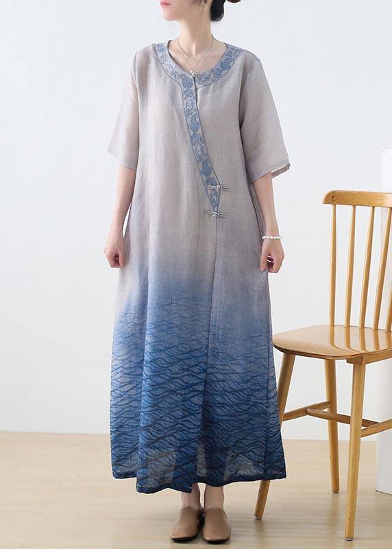 Elegant Blue Embroideried Linen Dress Gradient color Summer Party Dress - Omychic