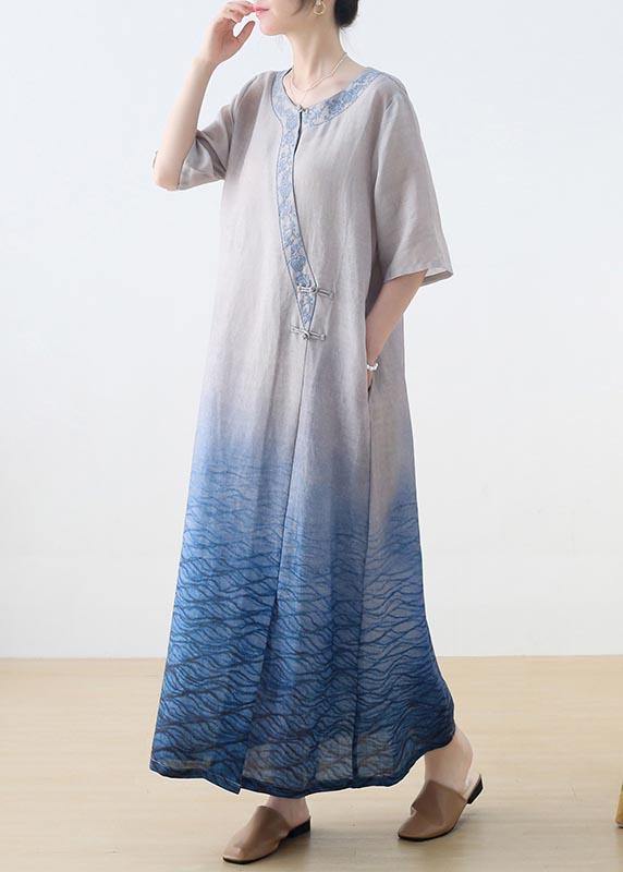 Elegant Blue Embroideried Linen Dress Gradient color Summer Party Dress - Omychic