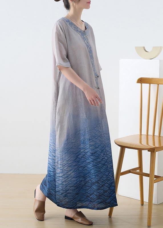 Elegant Blue Embroideried Linen Dress Gradient color Summer Party Dress - Omychic