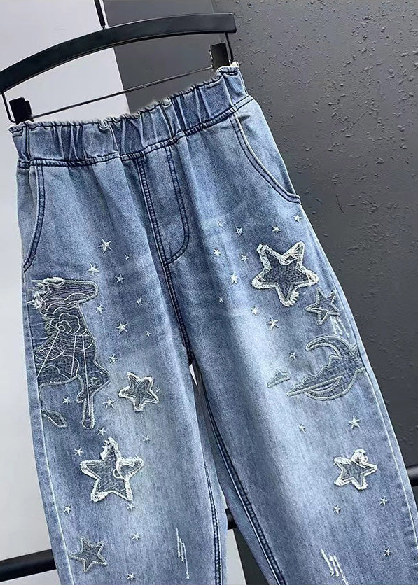Elegant Blue Embroideried Pockets Elastic Waist Denim Crop Pants Summer