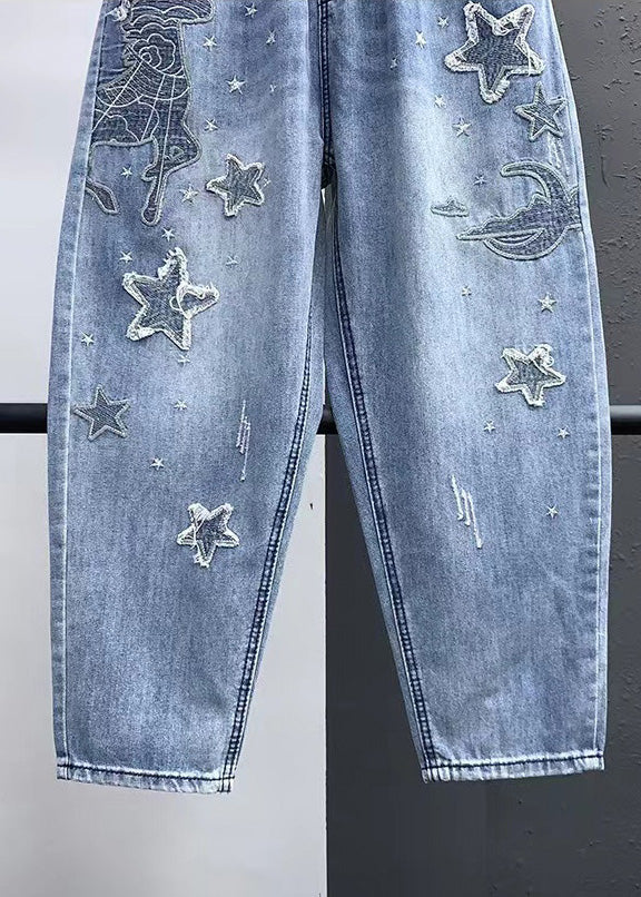 Elegant Blue Embroideried Pockets Elastic Waist Denim Crop Pants Summer